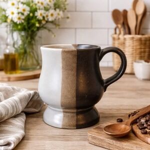 Vintage McCoy Pottery Mug Tri-Color Brown White Tan Striped‎ Pedestal Coffee Cup